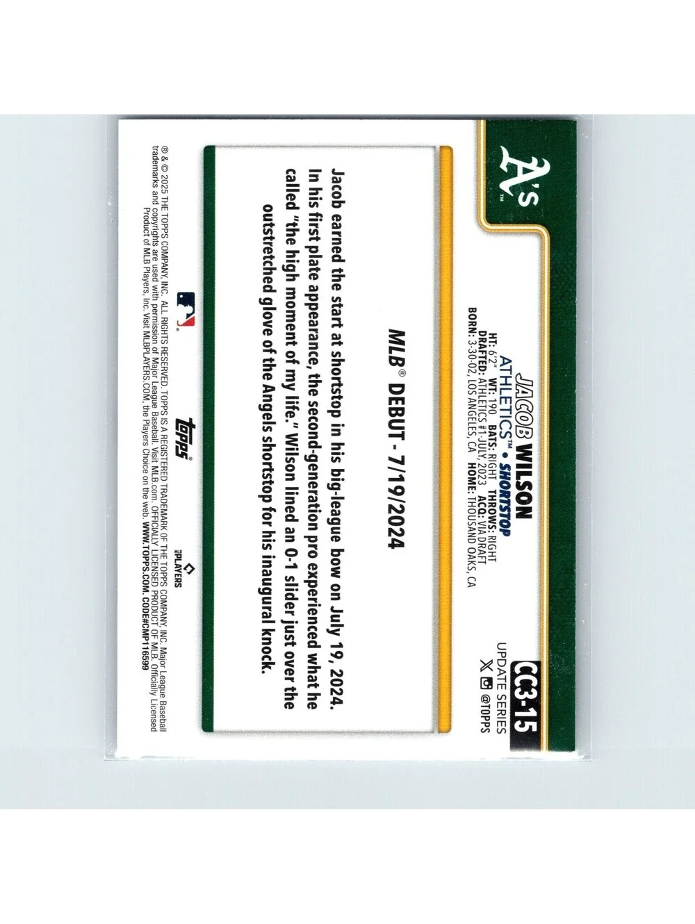 2025 Topps Update - Super Box Companion Cards Jacob Wilson #CC3-15 Athletics